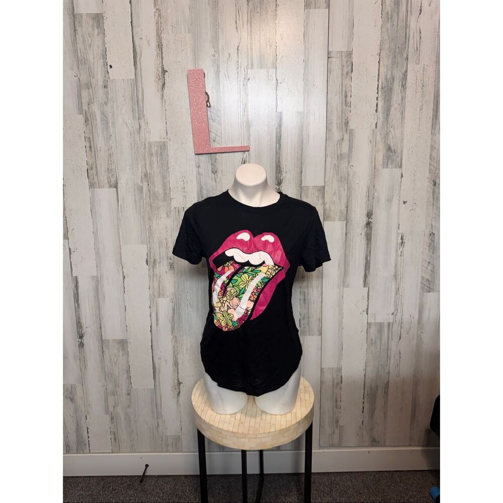 Rolling Stones Tongue Graphic Band Tee Black Short Sleeve Rock T Shirt Size Larg